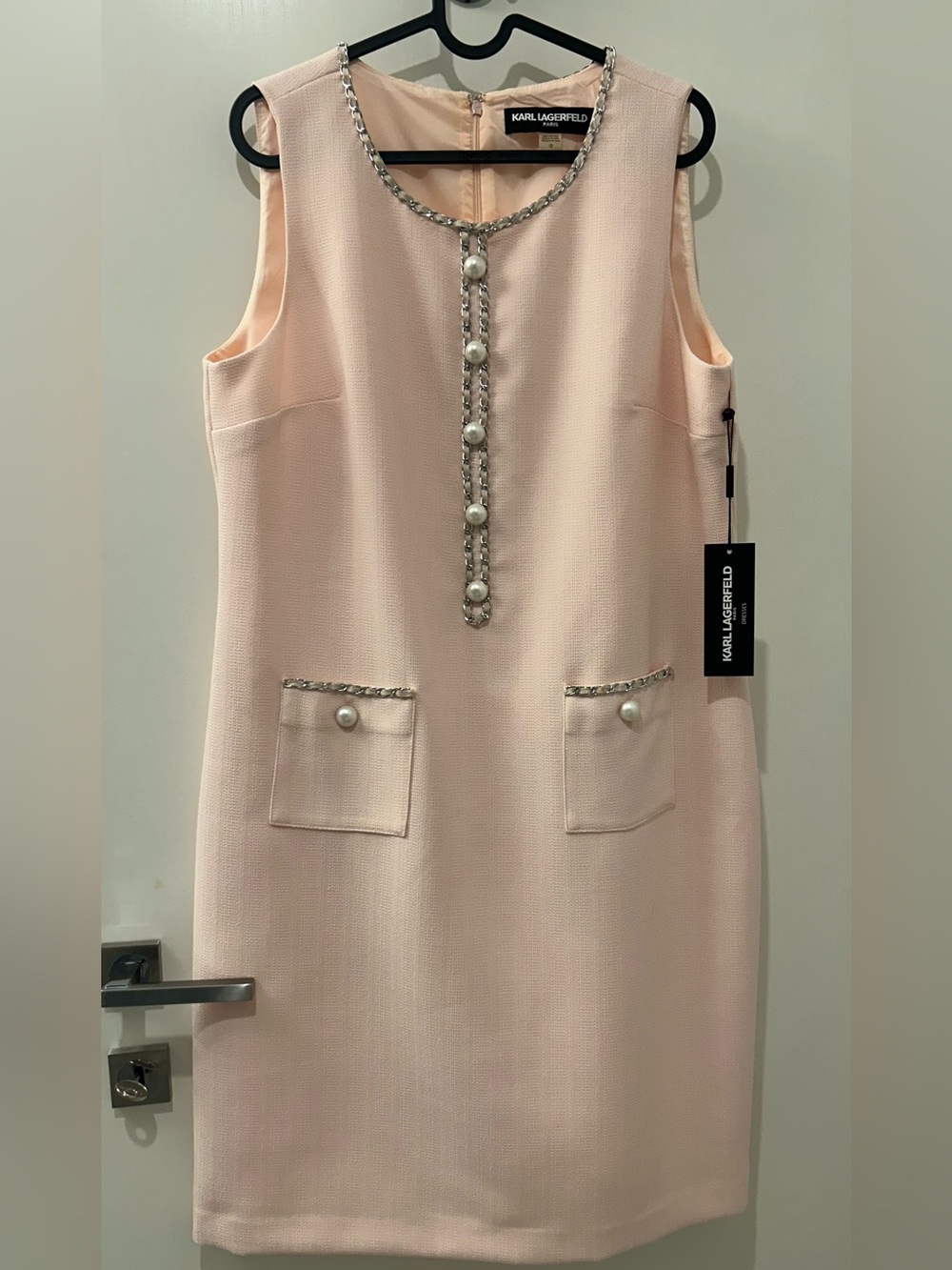 Karl Lagerfeld Blush Pink Sleeveless Shift Dress with Pearl Trim